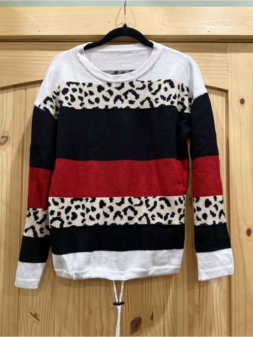 Striped Leopard Accent Knit Sweater - Black, White & Red